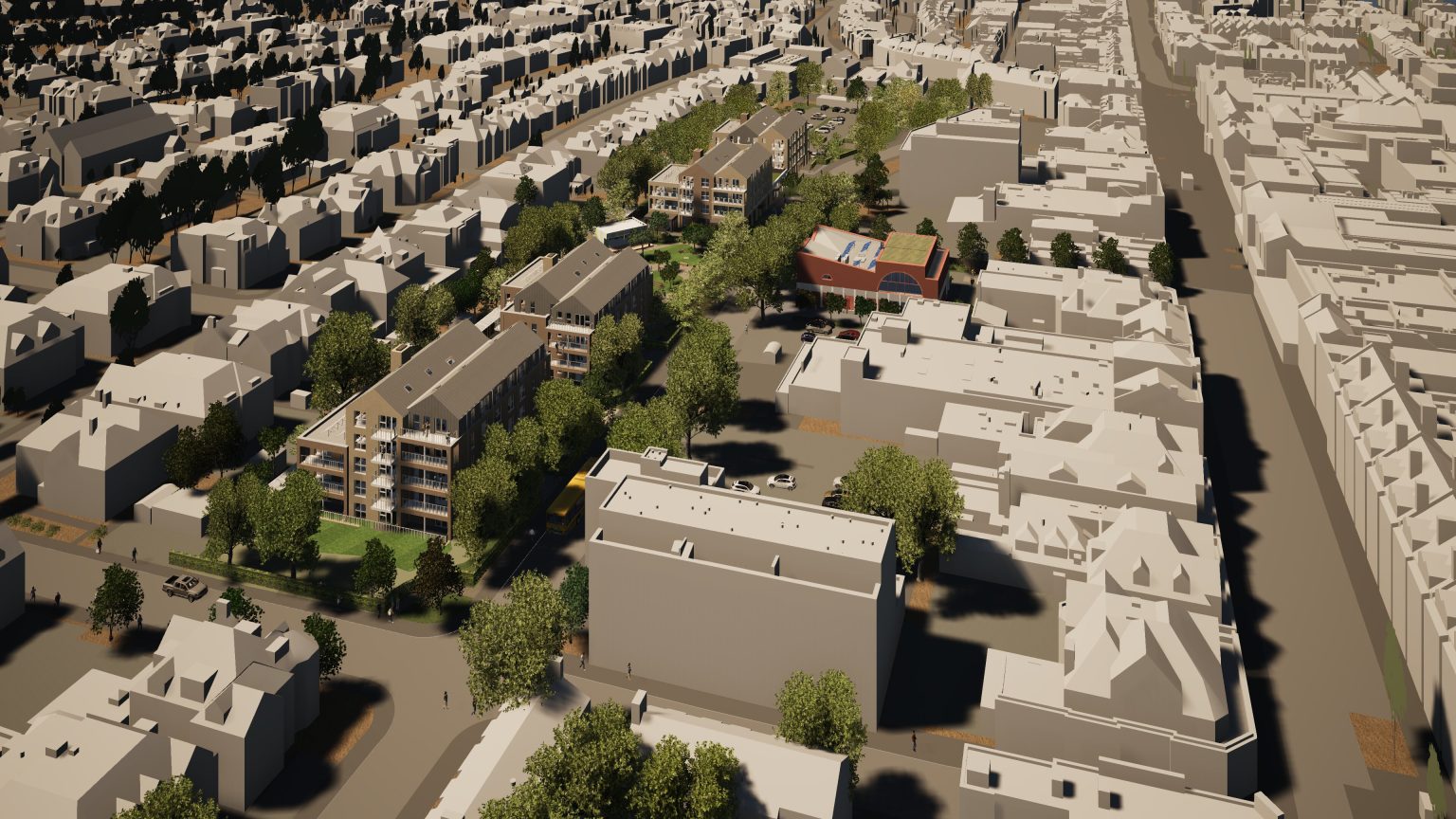 Illustrative aerial view of the Hawkwood Road masterplan in Boscombe